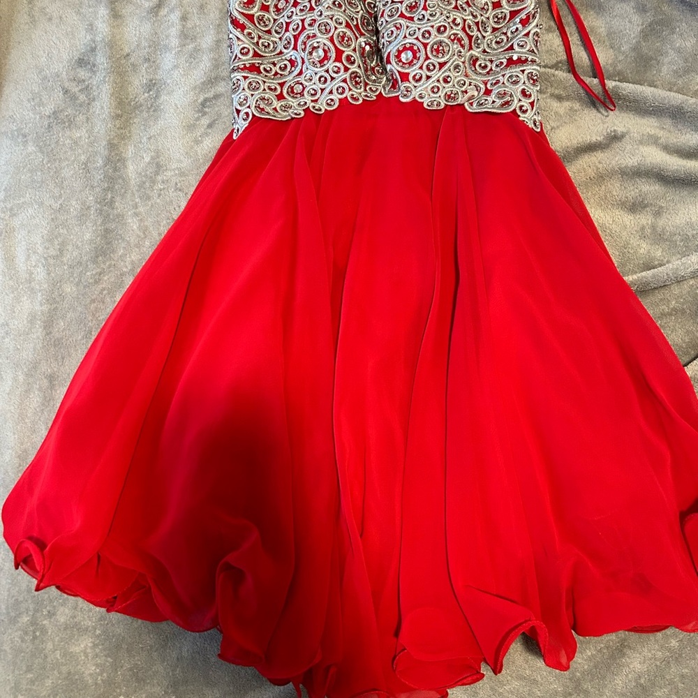 Embellished Red and Silver A-Line Prom Dress